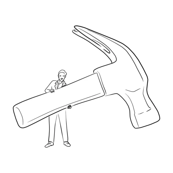 Empresário segurando grande martelo vetor ilustração esboço doodle mão desenhada isolado no fundo branco —  Vetores de Stock