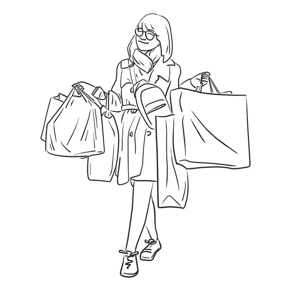 Fashion vrouw met boodschappentassen vector illustratie schets doodle hand getekend geïsoleerd op witte achtergrond — Stockvector