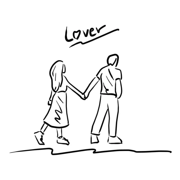 Man en vrouw houden en lopen samen vector illustratie schets doodle hand getekend geïsoleerd op witte achtergrond — Stockvector