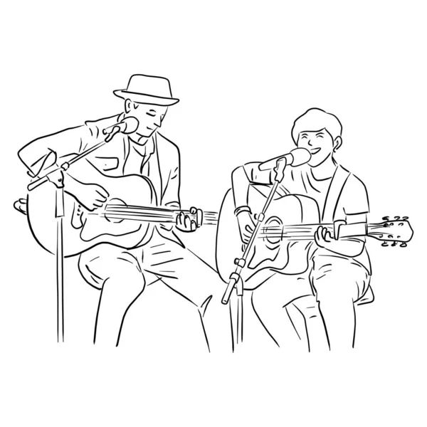Otec a jeho syn hraje na kytaru spolu vektorové ilustrace náčrtek kreslit ručně kreslené izolované na bílém pozadí — Stockový vektor