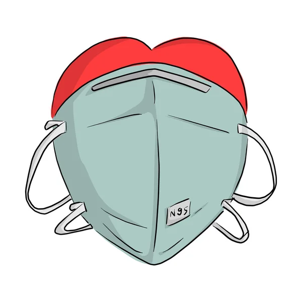 Corazón rojo con máscara médica vector ilustración boceto garabato mano dibujado aislado sobre fondo blanco — Archivo Imágenes Vectoriales