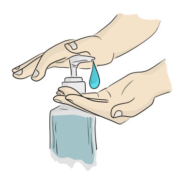 El dezenfektanı jel pompası, vektör illüstrasyon çizimi kullanarak yakın plan eller beyaz arka planda izole edilmiş şekilde çizilmiş.