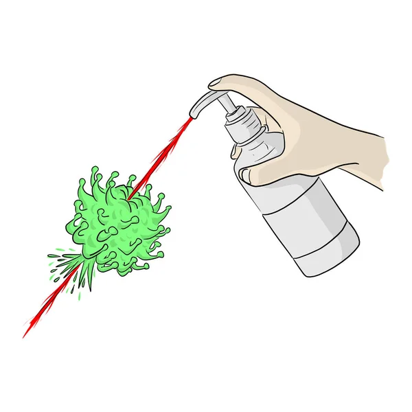 手部清洁剂凝胶泵分配器杀死绿色病毒载体示意图涂鸦手绘分离于白色背景 — 图库矢量图片