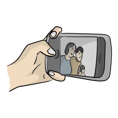 Bir kadının, aile vektör çizimi eşkali ile selfie çektiği el resmi. Beyaz arka planda izole bir şekilde çizilmiş.