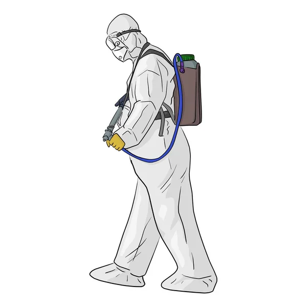 保護スーツの男は コロナウイルスやCovid 19ベクトルイラストスケッチの落書きの手から領域を処理します — ストックベクタ