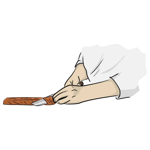 Крупным Планом Руках Японского Суши Сашими Нож Шеф Повара Режет — стоковый вектор