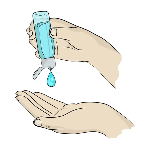 Covid-19 virüsünü ya da koronavirüs vektör çizimi çizimini korumak için el dezenfektanı ya da alkol kullanan eller beyaz arka plana çizilmiş.