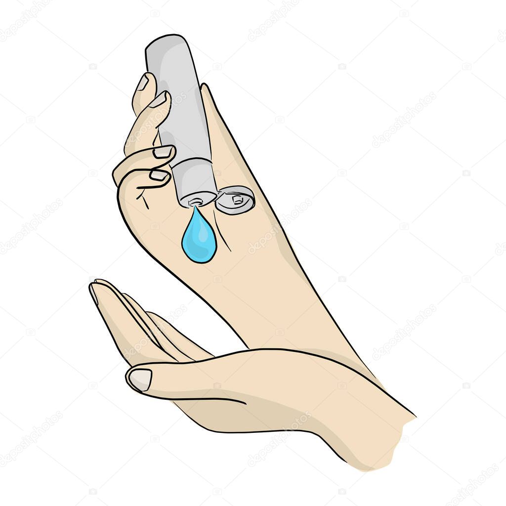 close-up hands using liquid sanitizer gel from bottle dispenser to prevent Covid-19 or coronavirus handdrawn vector illustration