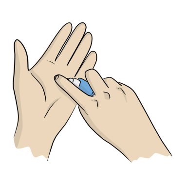 Covid-19 virüsünü ya da Coronavirus vektör ilüstrasyonunu korumak için el dezenfektanı pompası spreyi kullanan yakın çekim ellerinin üst görüntüsü beyaz arkaplana çizilmiş karalama el çizimi