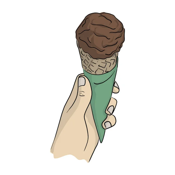 Close Left Hand Holding Cone Chocolate Icecream Vector Illustration Sketch — Stock Vector