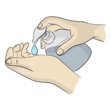 Covid-19 virüs vektör çizimi için el dezenfektanı jeli pompa dağıtıcısı kullanan kadının elleri beyaz arka planda izole edilmiş karalama çizimi çizer.