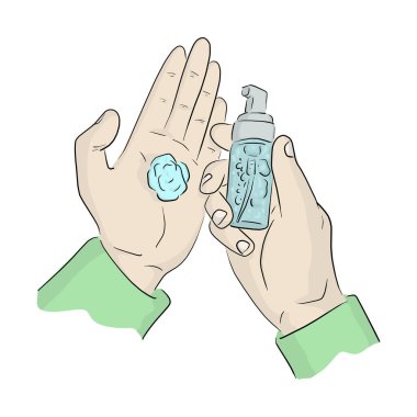 Covid-19 virüs çizimi çizimini korumak için küçük el dezenfektan jel pompa dağıtıcısı kullanıyoruz.