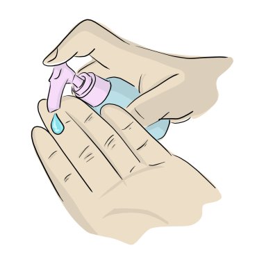 Covid-19 virüsünü veya Coronavirus vektör çizim çizimi çizimini korumak için alkol dezenfektanı jel pompa dağıtıcısı kullanan yakın plan eller beyaz arka plana çizilmiş.