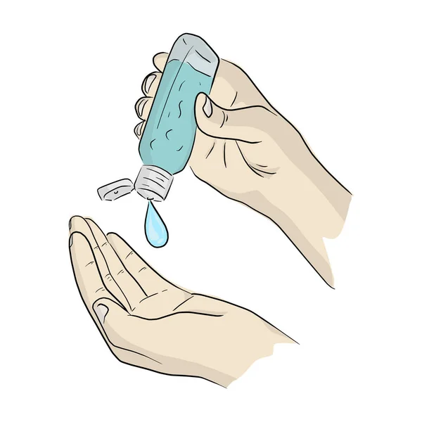 Nettoyage Une Main Avec Gel Alcool Vecteur Illustration Croquis Gribouille — Image vectorielle