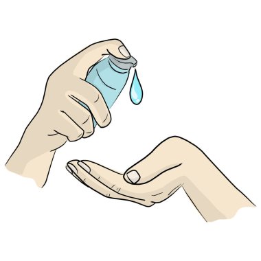 Kadın elleri COVID-19 virüs vektör illüstrasyonunu önlemek için el dezenfektanı kullanıyor.