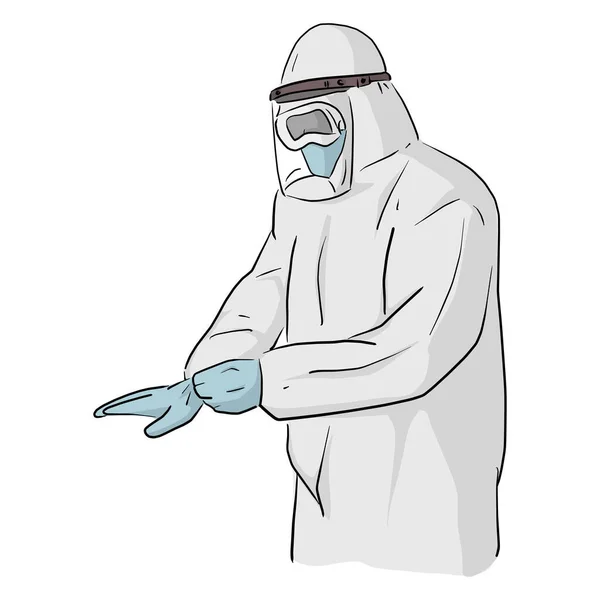 身穿全身防护服的男子防止Covid 19病毒载体示意图涂鸦手在白色背景下被分离 — 图库矢量图片