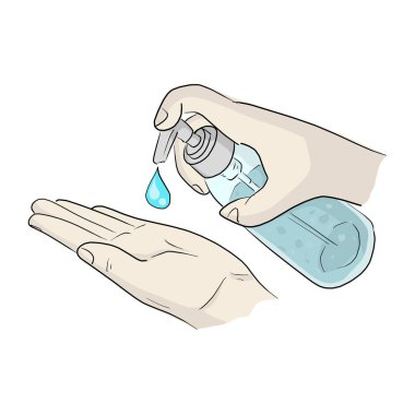 Dezenfektan alkol vektörü çizimi ile el yıkama beyaz arka planda izole edilmiş karalama el çizimi