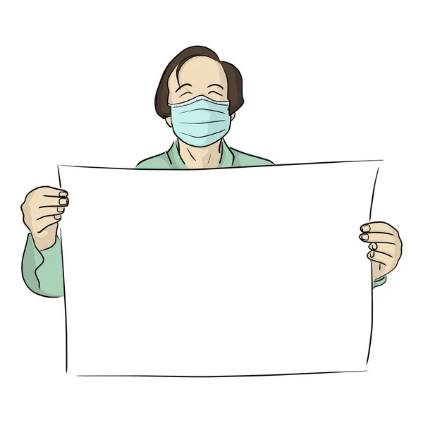 手術用マスクの男は白い背景に孤立して描かれた白い看板のベクトルイラストの落書きの手を持ってる コピースペース — ストックベクタ