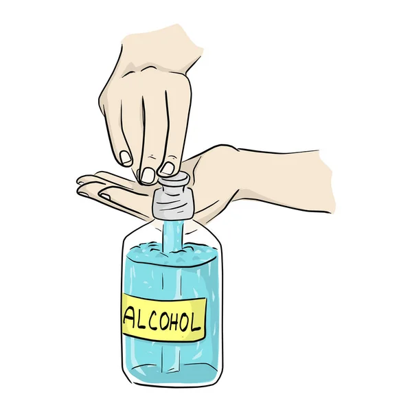 Hand Press Sanitizer Alcohol Gel Bottle Cleaning Disinfection Covid Vector — Stock Vector