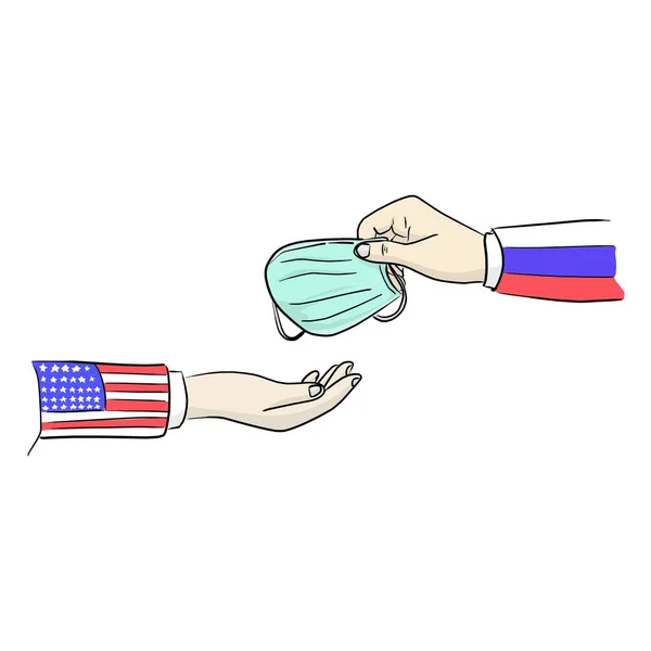 Hand Russia Flag Give Surgical Mask Man Usa Flag Vector — Stock Vector