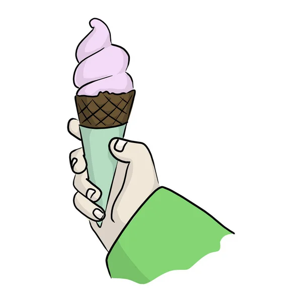 Mano Destra Tenendo Fragola Gelato Cono Vettore Illustrazione Schizzo Scarabocchio — Vettoriale Stock