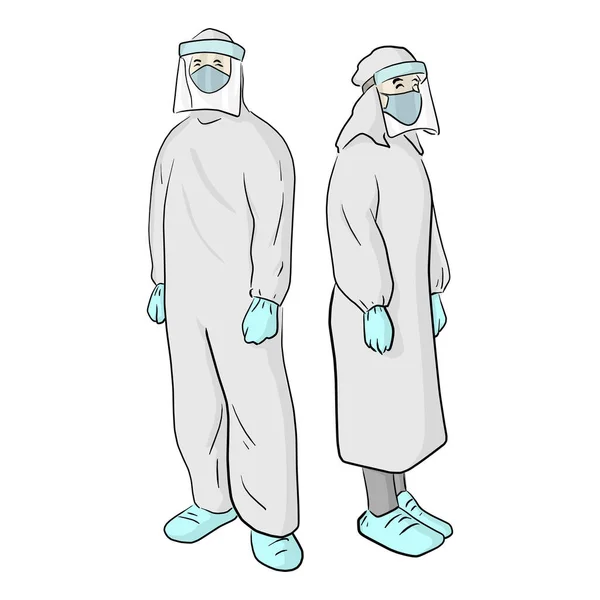 Vue Pleine Longueur Médecins Masculins Féminins Combinaison Protectrice Epi Hazmat — Image vectorielle