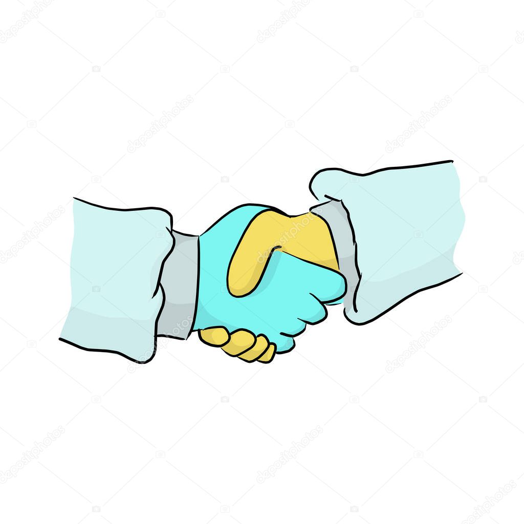 Doctors handshake as partnership or teamwork Medical team to fight against Covid-19 virus vector illustration sketch doodle hand drawn isolated on white background