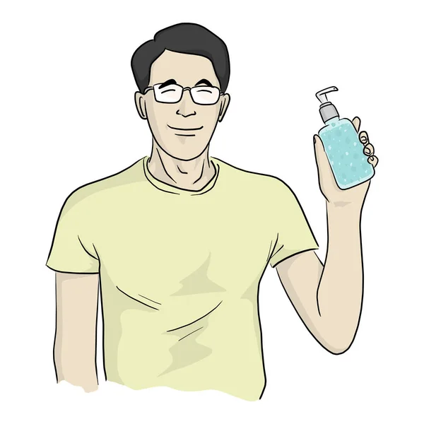 Man Met Bril Hand Sanitizer Vector Illustratie Schets Doodle Hand — Stockvector