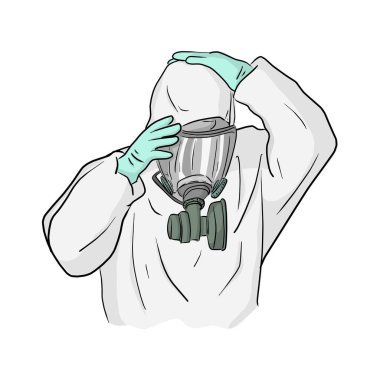 Covid-19 virüs vektör çizimini önlemek için gaz maskesi takan adam beyaz arka planda karalama çizimi yapıyor.