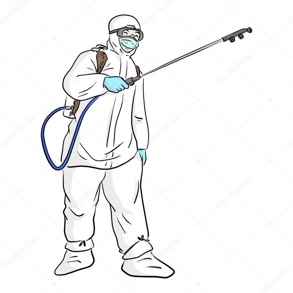 man in protective suit spraying disinfectant to cleaning and disinfect Covid-19 virus vector illustration sketch doodle hand drawn isolated on white background