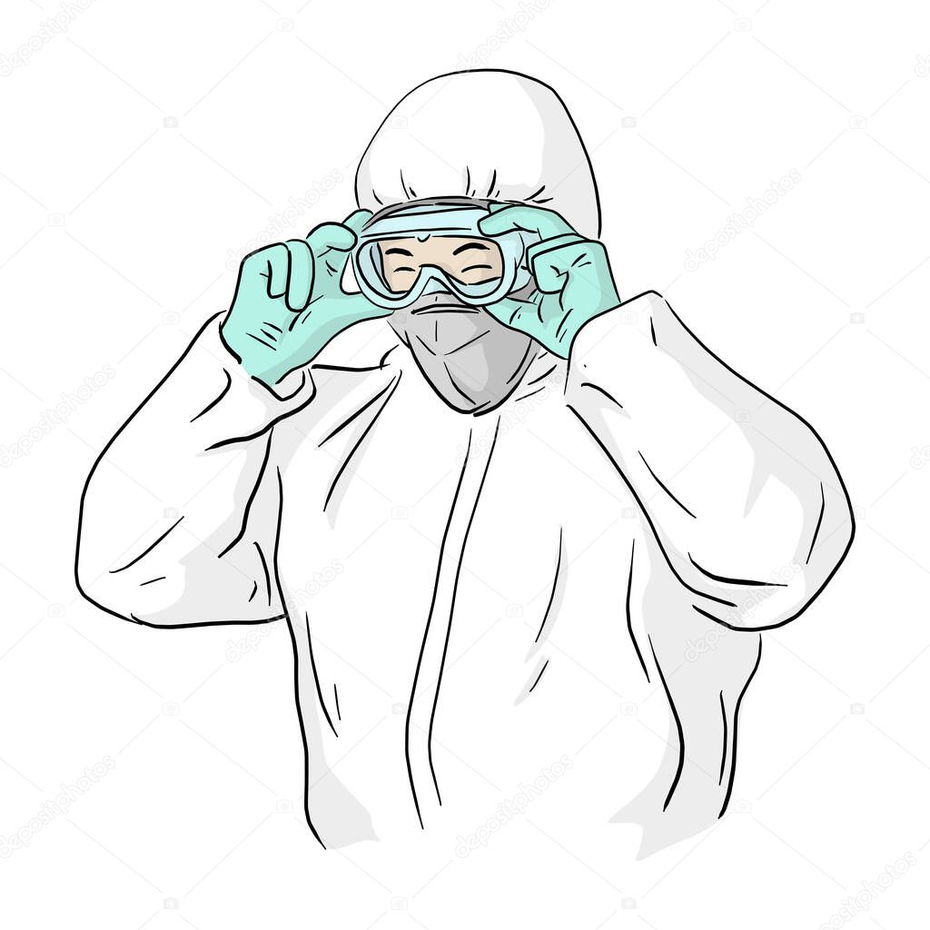 man in ppe suit wearing protective glasses to prevent Covid-19 virus vector illustration sketch doodle hand drawn isolated on white background