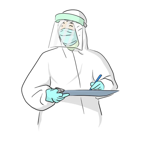 医師で個人的な保護スーツでマスク書き込みとともにCovid 19隔離患者チャートベクトルイラストスケッチ落書き手は白の背景に孤立 — ストックベクタ