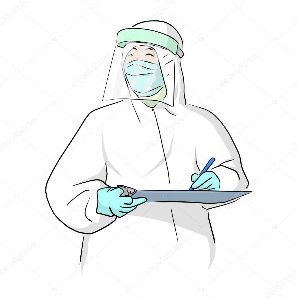 doctor in personal protective suit with mask writing on Covid-19 quarantine patient chart vector illustration sketch doodle hand drawn isolated on white background