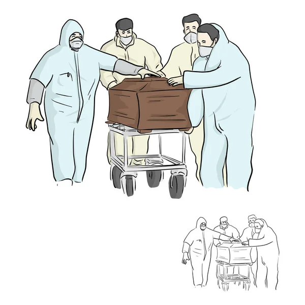 Ppeスーツや個人用保護具の4人は 白い背景に描かれた処分ベクトルイラストスケッチ落書きの手のための棺の取り扱いを運ぶ Covid 19状況 — ストックベクタ