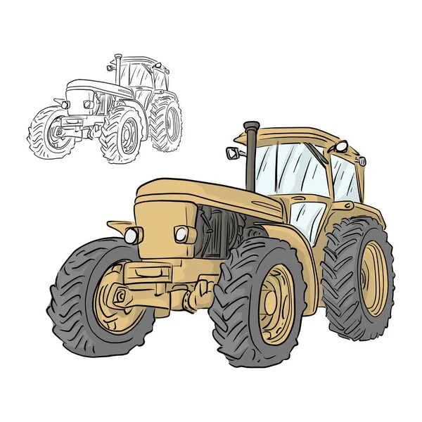 Retro Sárga Traktor Vektor Illusztráció Vázlat Firka Kéz Húzott Elszigetelt — Stock Vector