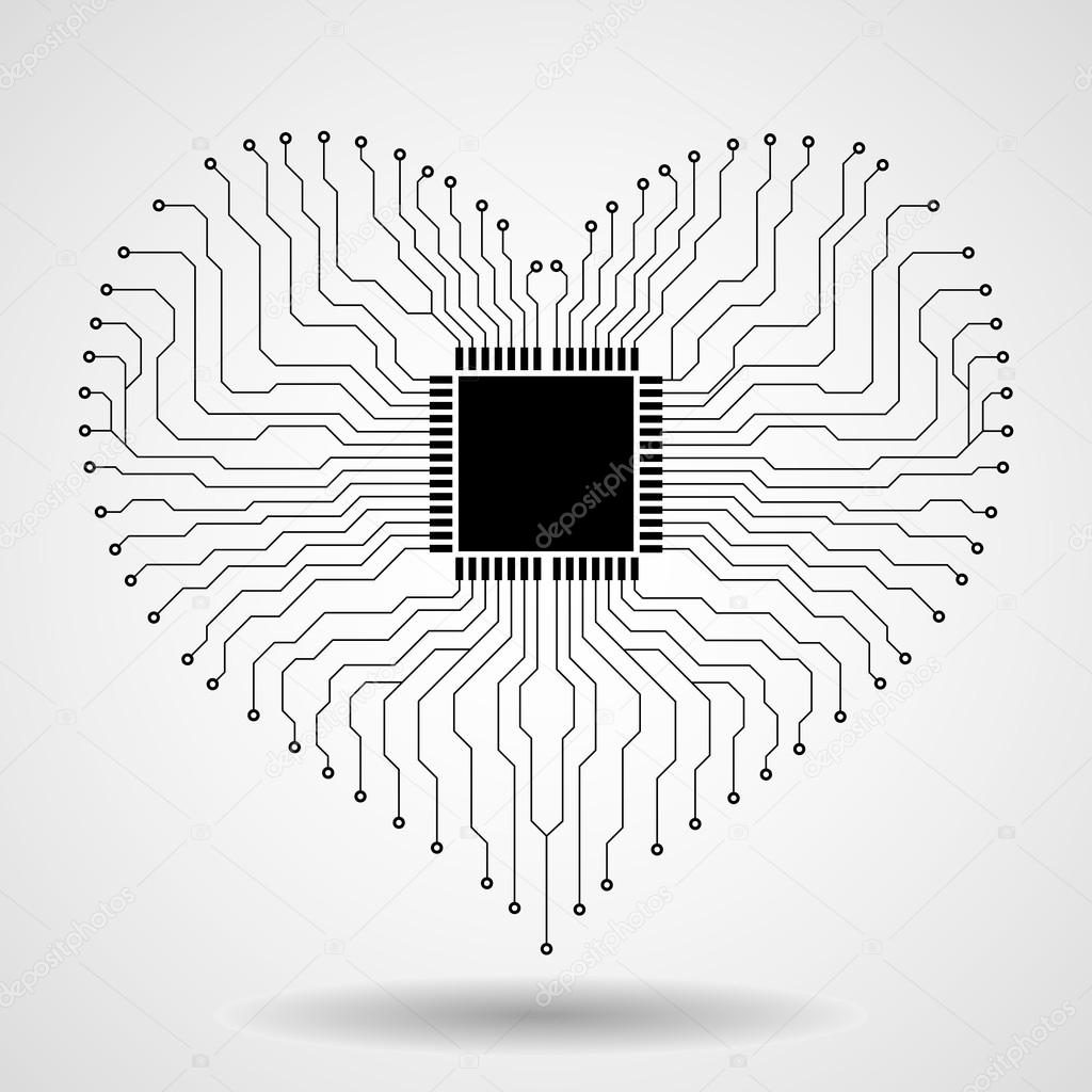 Abstract electronic circuit board in shape of heart, technology background