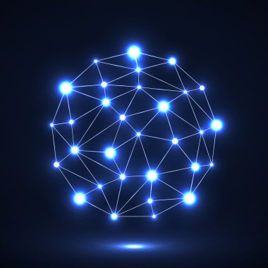 Parlak noktalar, ağ bağlantıları ile soyut poligonal küre. Fütüristik teknoloji stili