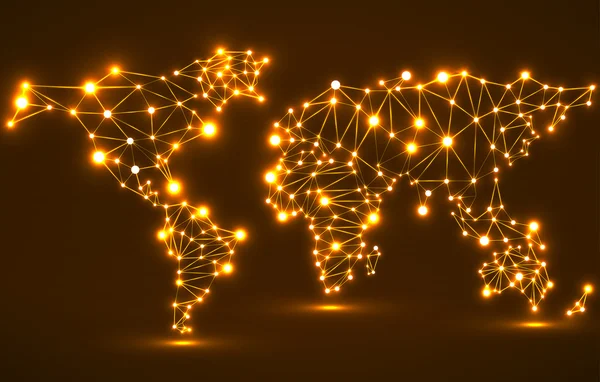 Mapa do mundo poligonal abstrato com pontos e linhas brilhantes, conexões de rede —  Vetores de Stock