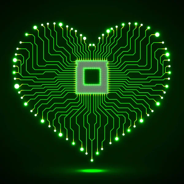 Carte de circuit électronique néon abstraite en forme de coeur, arrière-plan technologique — Image vectorielle