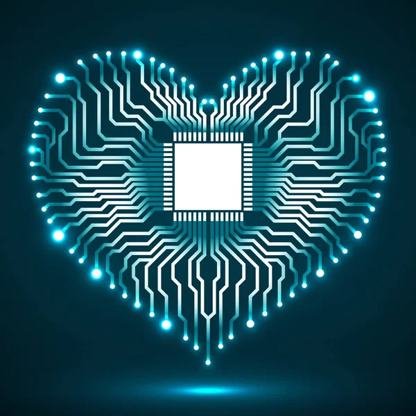 Soyut neon elektronik devre kartı şeklinde kalp, teknolojik altyapı