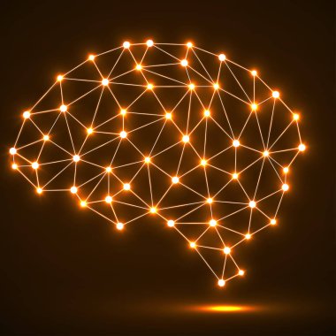 Parlak noktalar ve çizgiler, ağ bağlantıları ile soyut poligonal beyin