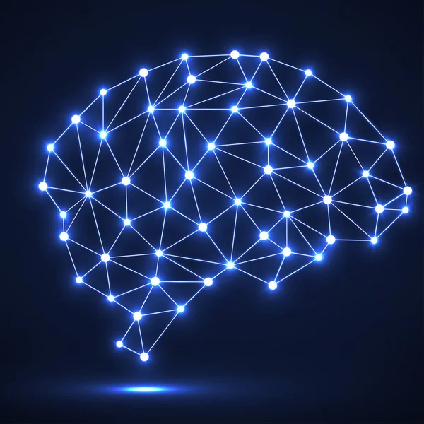 Parlak noktalar ve çizgiler, ağ bağlantıları ile soyut poligonal beyin