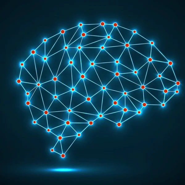 Parlak noktalar ve çizgiler, ağ bağlantıları ile soyut poligonal beyin