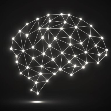 Parlak noktalar ve çizgiler, ağ bağlantıları ile soyut poligonal beyin