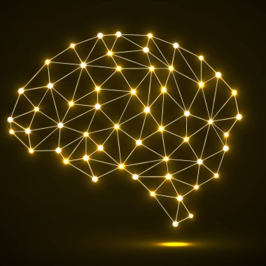 Parlak noktalar ve çizgiler, ağ bağlantıları ile soyut poligonal beyin