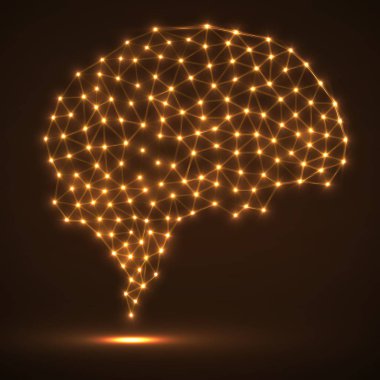 Parlak noktalar ve çizgiler, ağ bağlantıları ile soyut poligonal beyin