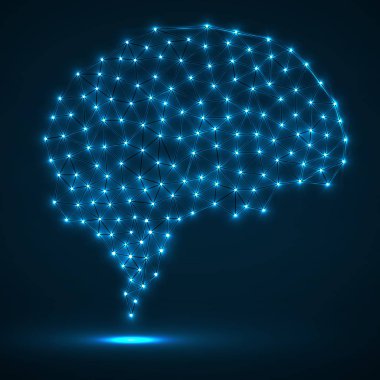 Parlak noktalar ve çizgiler, ağ bağlantıları ile soyut poligonal beyin