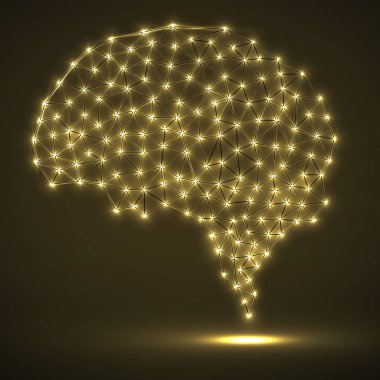 Parlak noktalar ve çizgiler, ağ bağlantıları ile soyut poligonal beyin
