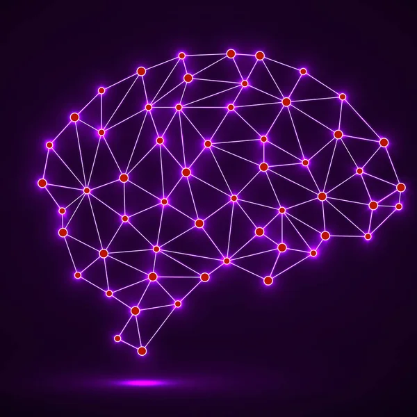 Abstrato cérebro poligonal com pontos brilhantes e linhas, conexões de rede — Vetor de Stock