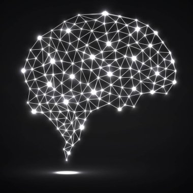 Parlak noktalar ve çizgiler, ağ bağlantıları ile soyut poligonal beyin